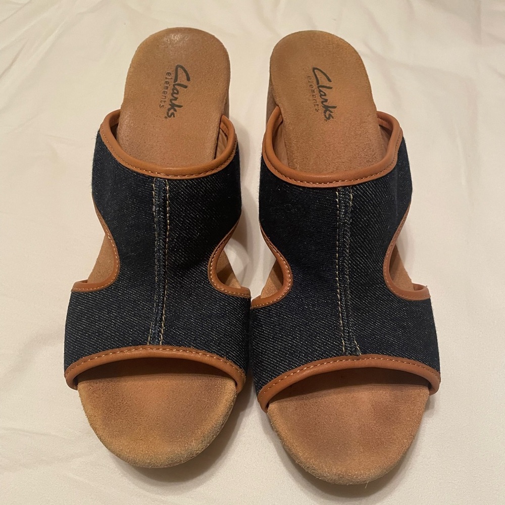 Navy Blue and Tan Clarks Wedge Shoes